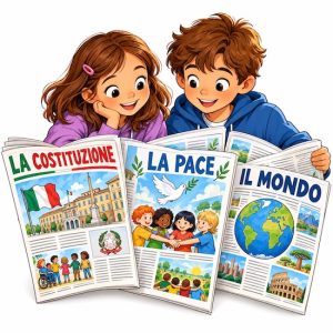 Due bambini leggono giornali illustrati sulla Costituzione, la pace e il mondo.