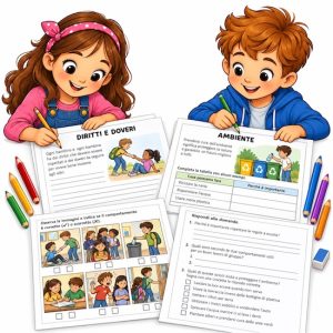 Due bambini con pagine di kit didattici per la scuola primaria su diritti, doveri e ambiente.