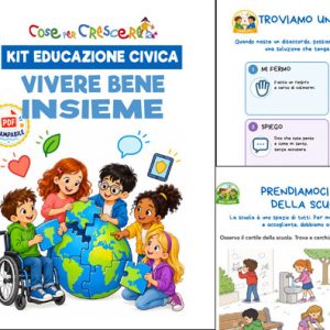 Copertina e anteprima delle schede del kit di educazione civica Vivere bene insieme